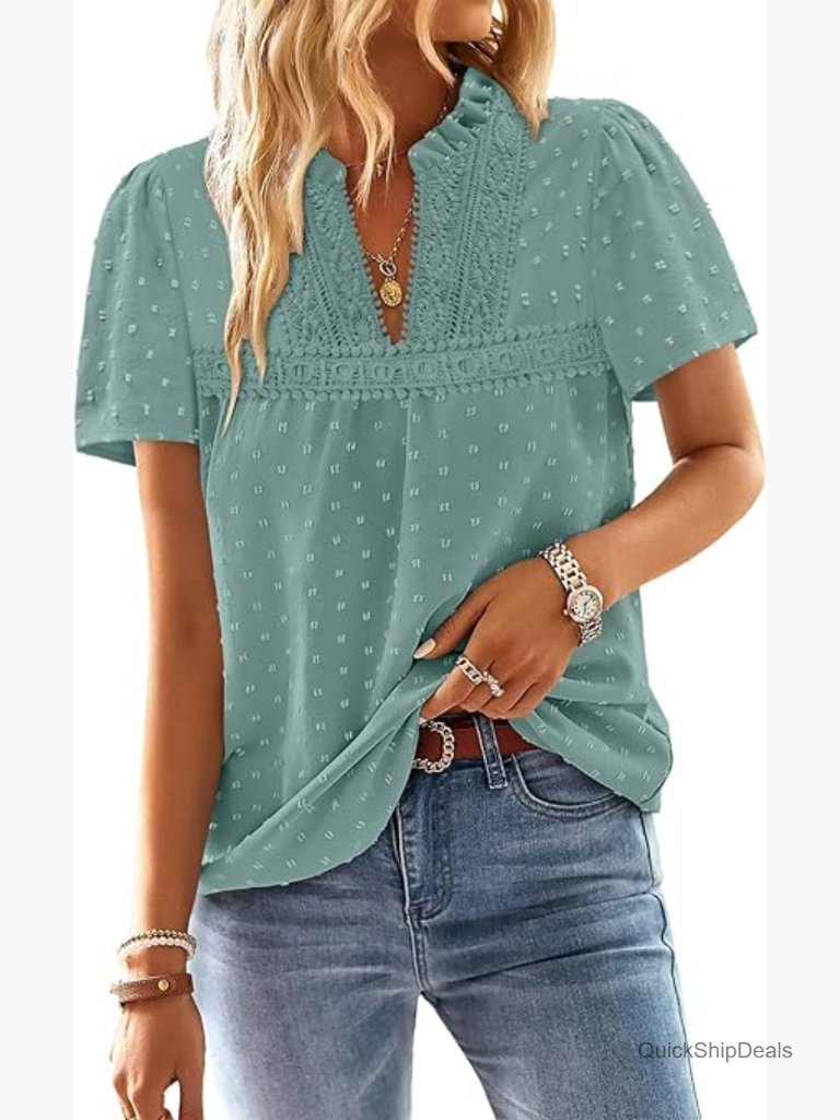 V-Neck Short Sleeve Tunic With Lace Hem, Polyester Fabric